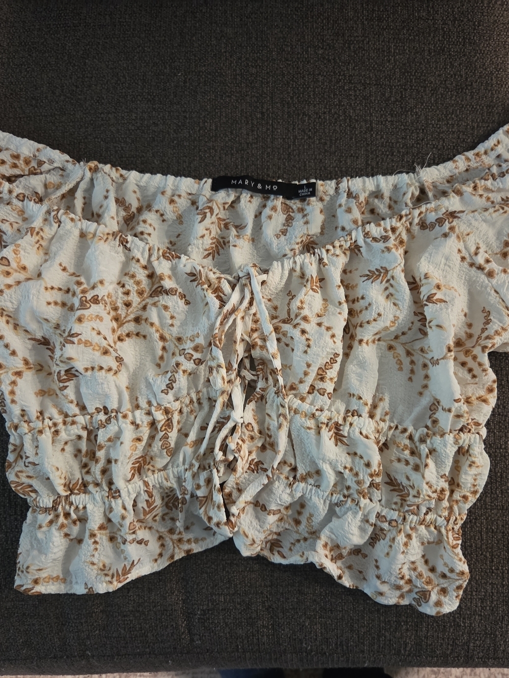 Cream Off-Shoulder Floral Tie-Front Crop Top - Picture 2 of 4